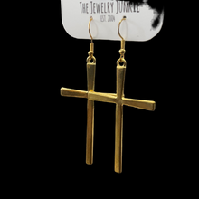 Load image into Gallery viewer, Gold colored cross earrings