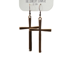 Load image into Gallery viewer, Rose gold colored cross earrings