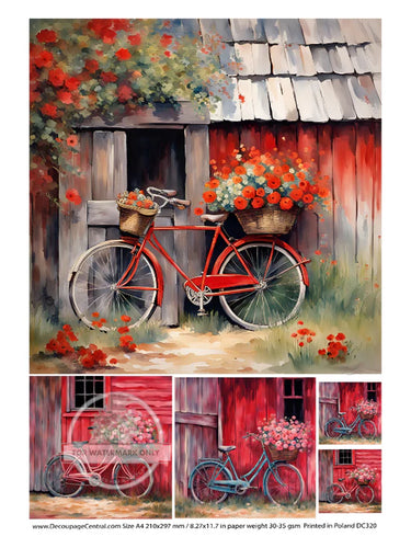 DC320 - Red Bicycle Flowers Rice Paper