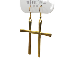 Load image into Gallery viewer, Gold colored cross earrings