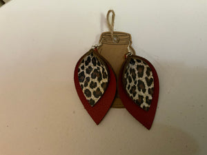 Leather Leaf Shaped earrings, Red